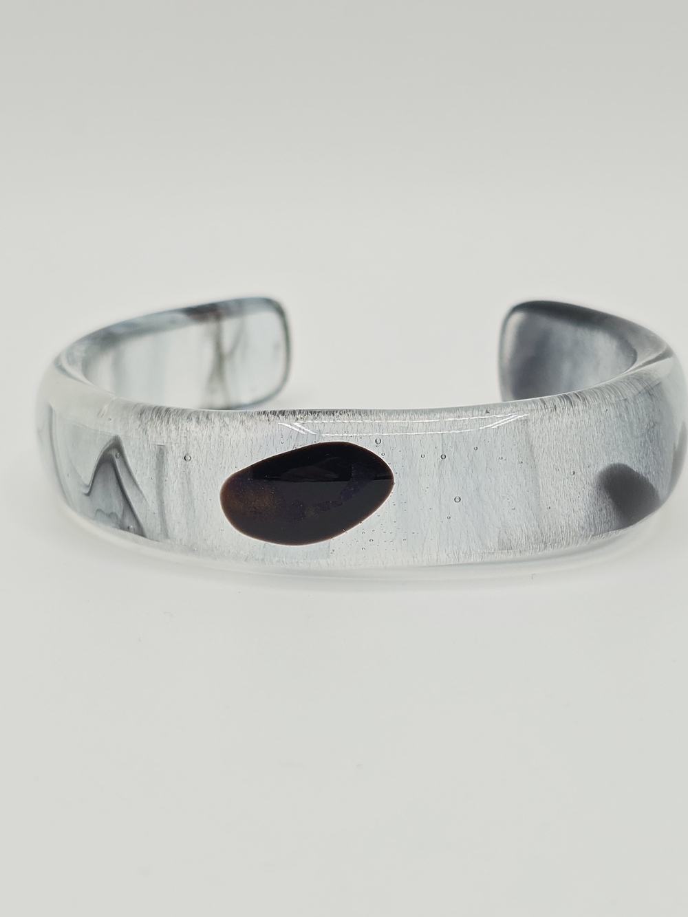 Clear Art Glass Cuff Bracelet Smoky Black Design Iridescent Accent 6"